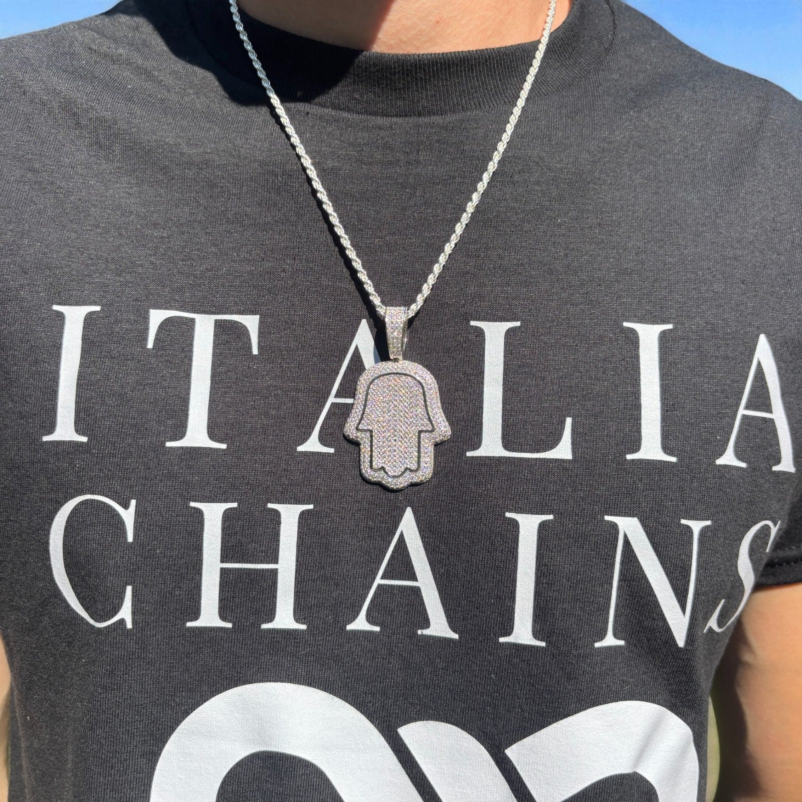 925 Sterling Silver Fully Iced Out Hamsa Pendant With Moissanite - Medium - Image 12