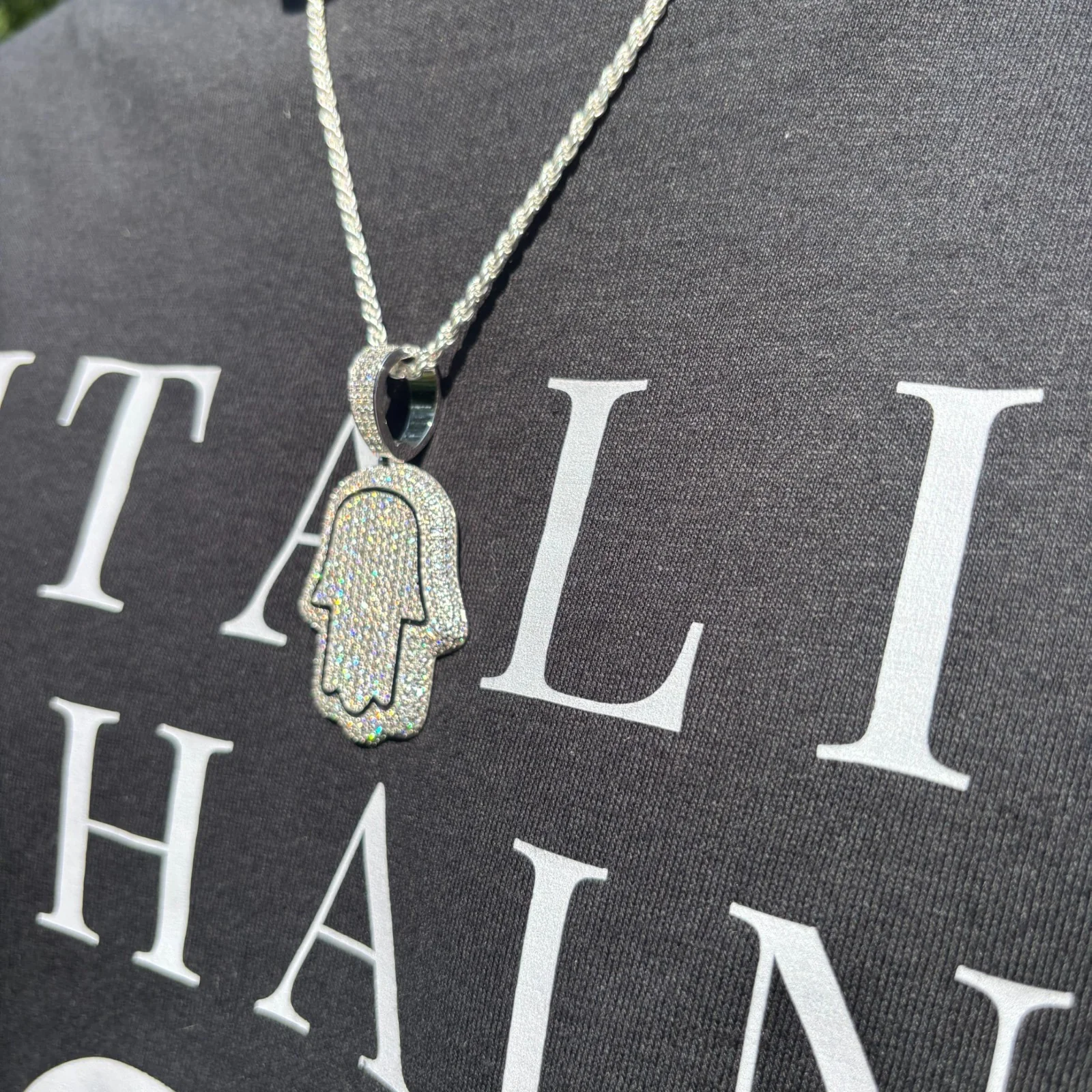 925 Sterling Silver Fully Iced Out Hamsa Pendant With Moissanite - Medium - Image 13