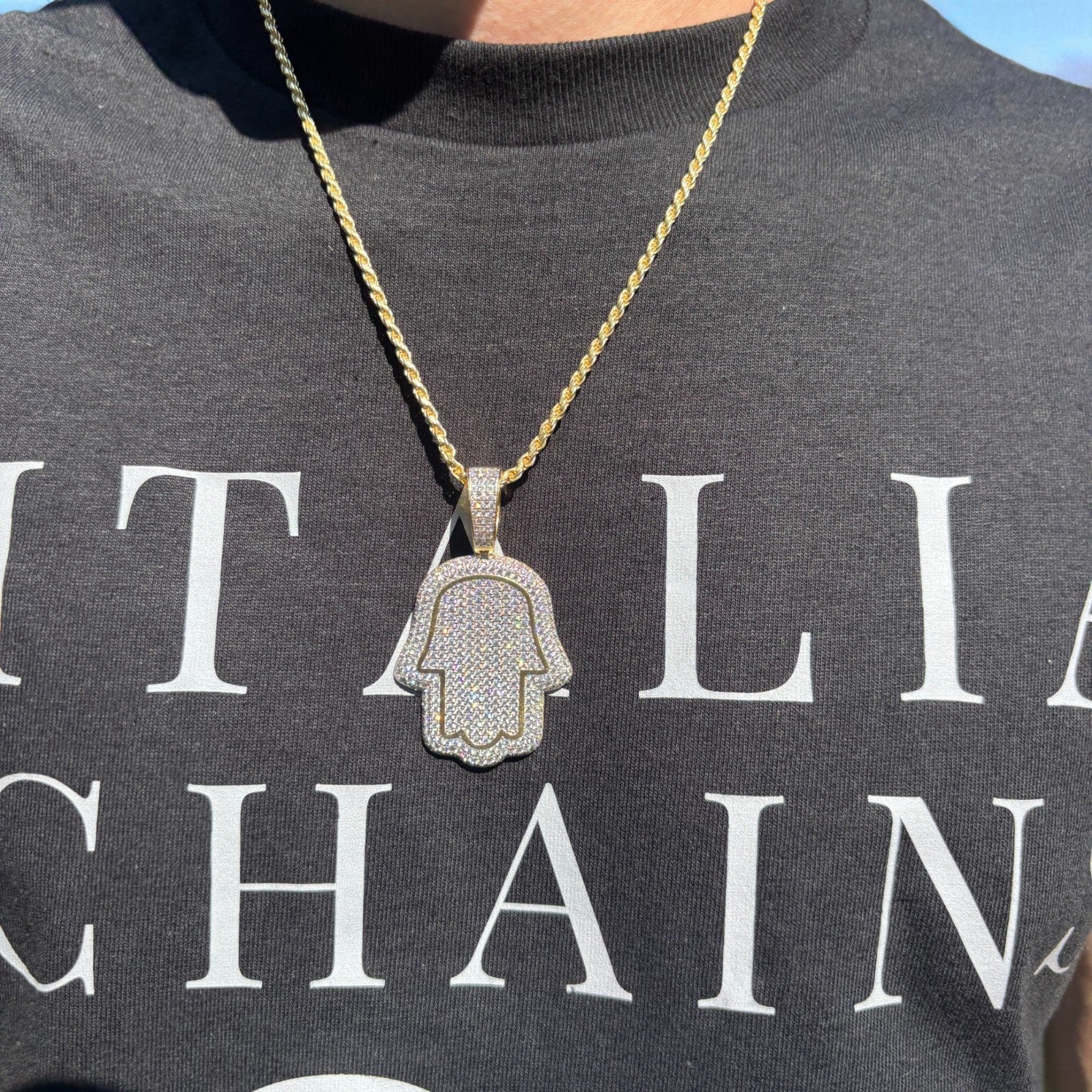 925 Sterling Silver Fully Iced Out Hamsa Pendant With Moissanite - Medium - Image 14