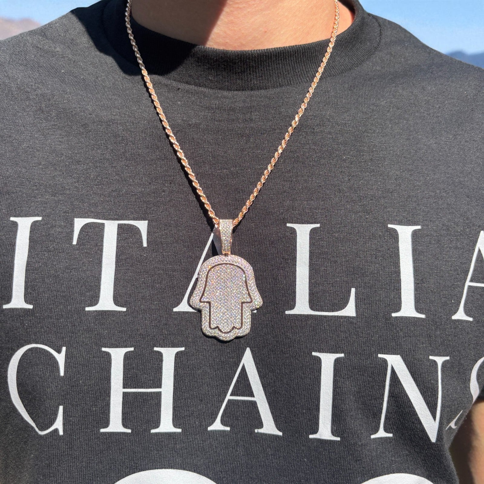 925 Sterling Silver Fully Iced Out Hamsa Pendant With Moissanite - Medium - Image 16