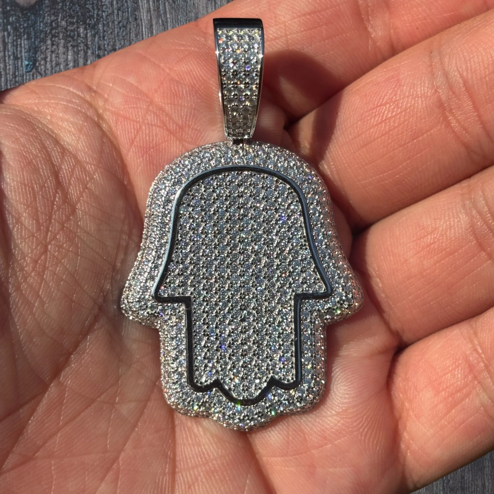 925 Sterling Silver Fully Iced Out Hamsa Pendant With Moissanite - Medium - Image 6