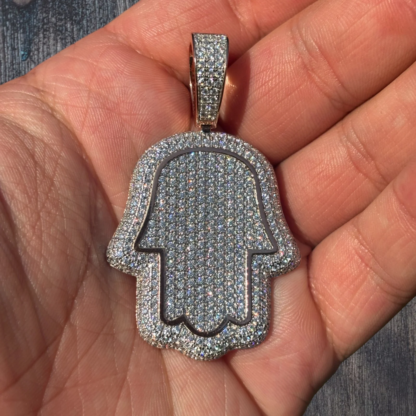 925 Sterling Silver Fully Iced Out Hamsa Pendant With Moissanite - Medium - Image 7