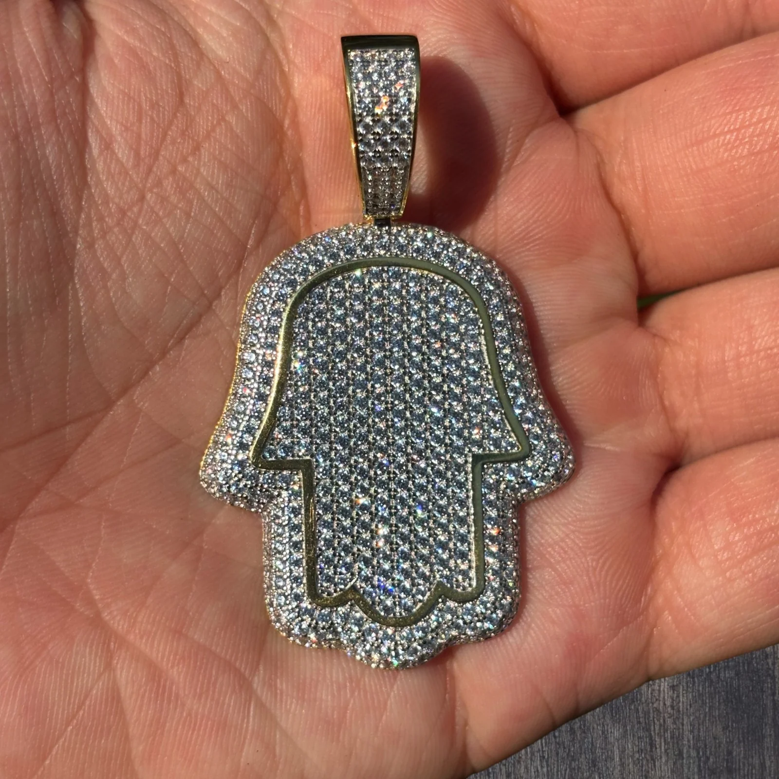 925 Sterling Silver Fully Iced Out Hamsa Pendant With Moissanite - Medium - Image 8