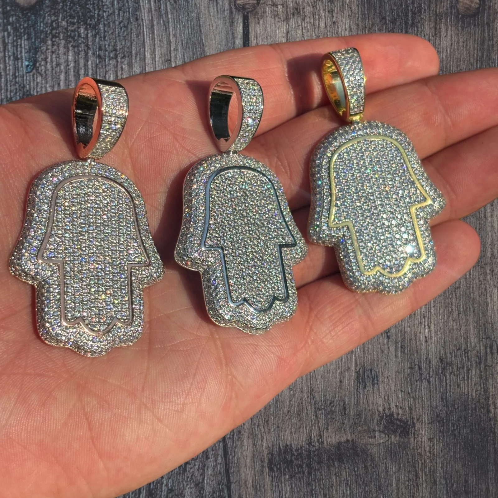 925 Sterling Silver Fully Iced Out Hamsa Pendant With Moissanite - Medium - Image 9