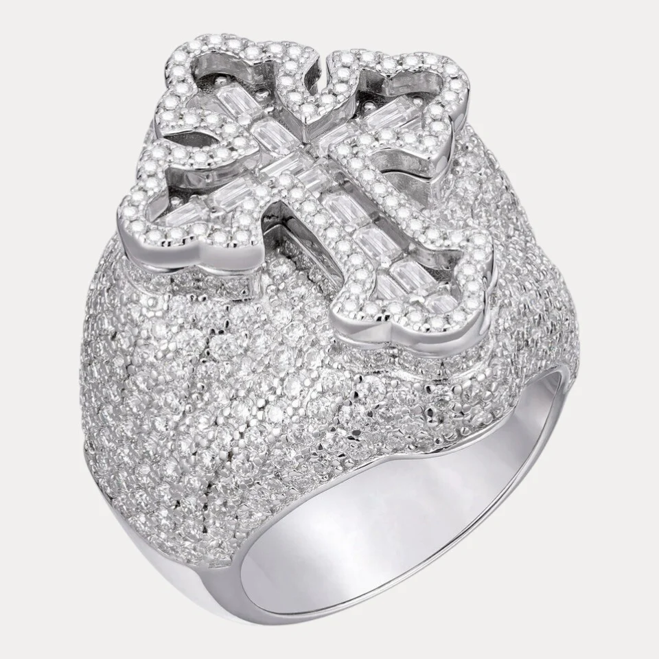 925 Sterling Silver Baguette Cross Ring With Moissanite