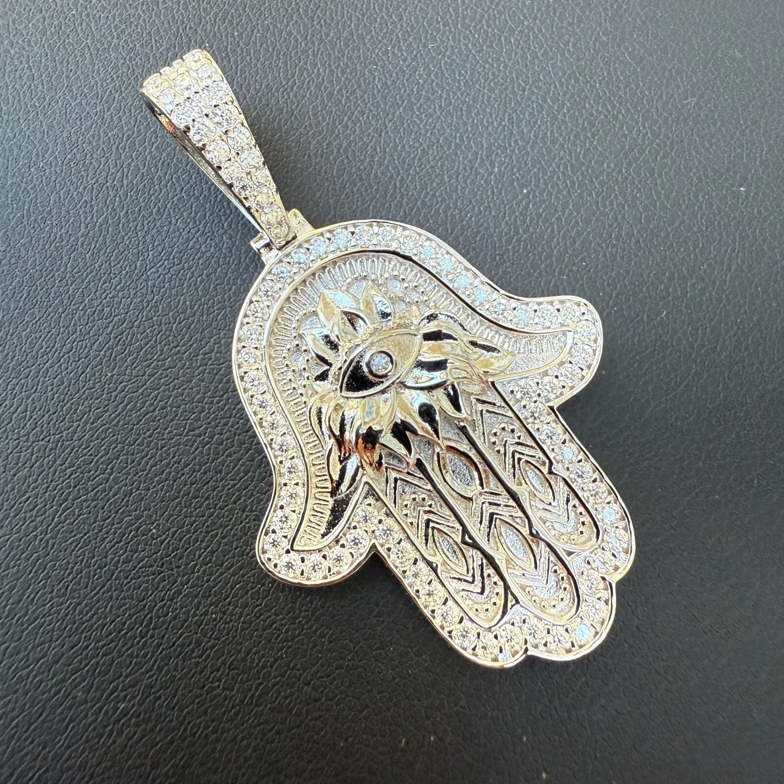 925 Sterling Silver Hamsa Hand Pendant With Moissanite - Medium - Image 10