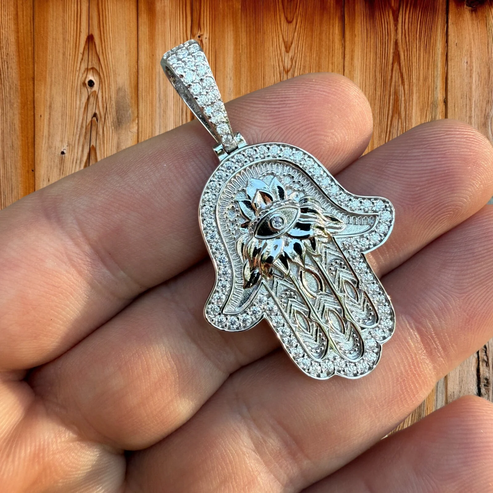 925 Sterling Silver Hamsa Hand Pendant With Moissanite - Medium - Image 13