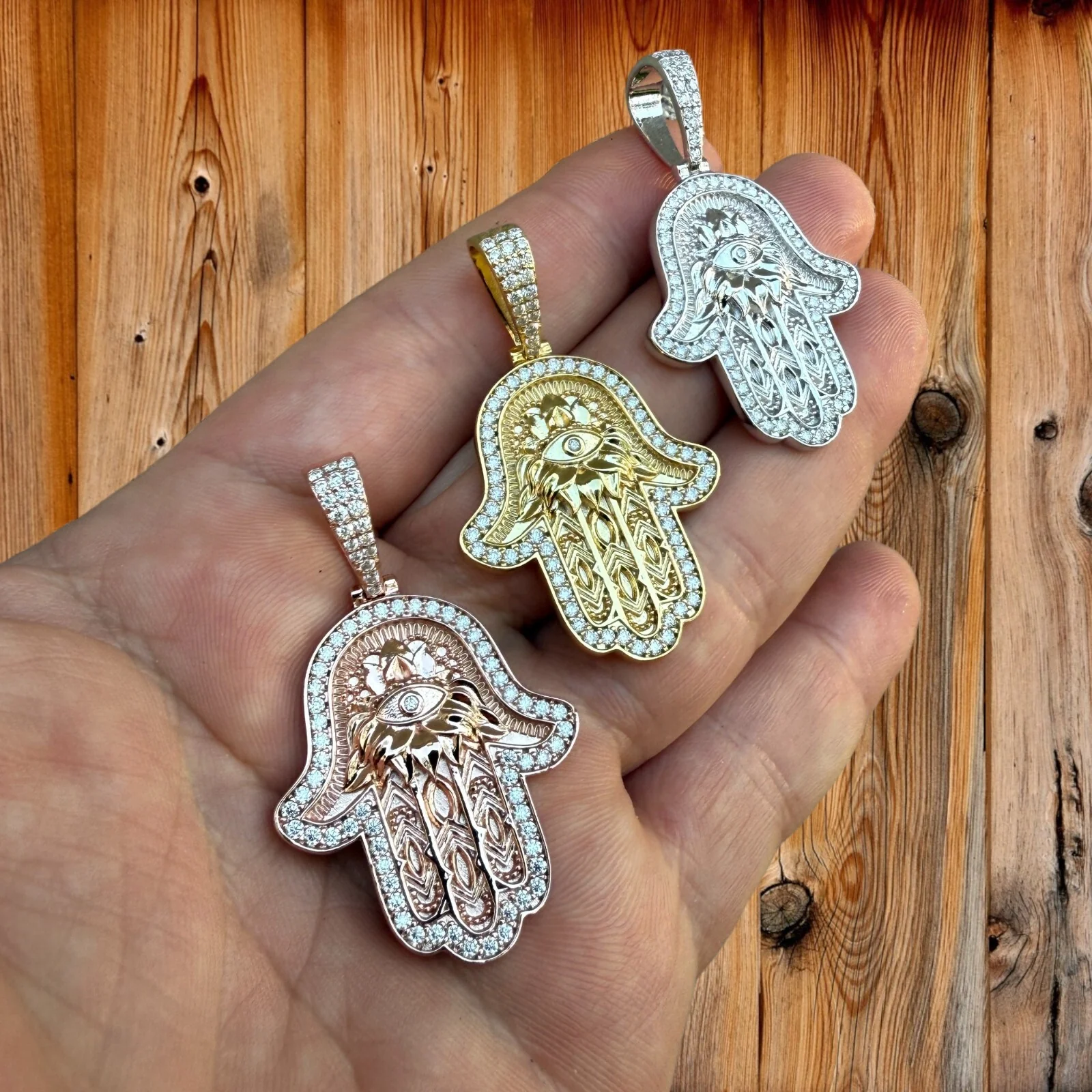 925 Sterling Silver Hamsa Hand Pendant With Moissanite - Medium - Image 14