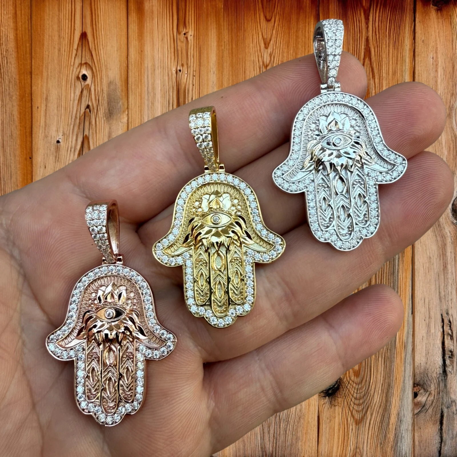 925 Sterling Silver Hamsa Hand Pendant With Moissanite - Medium - Image 4