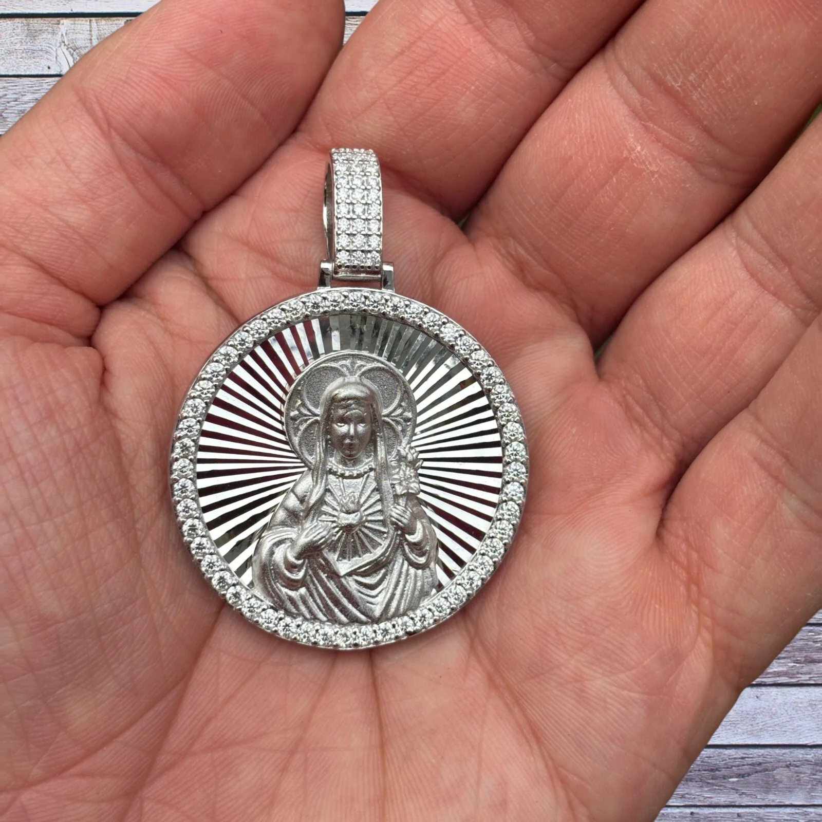 925 Sterling Silver Round Medallion Virgin Mary Pendant With Moissanite - Image 4