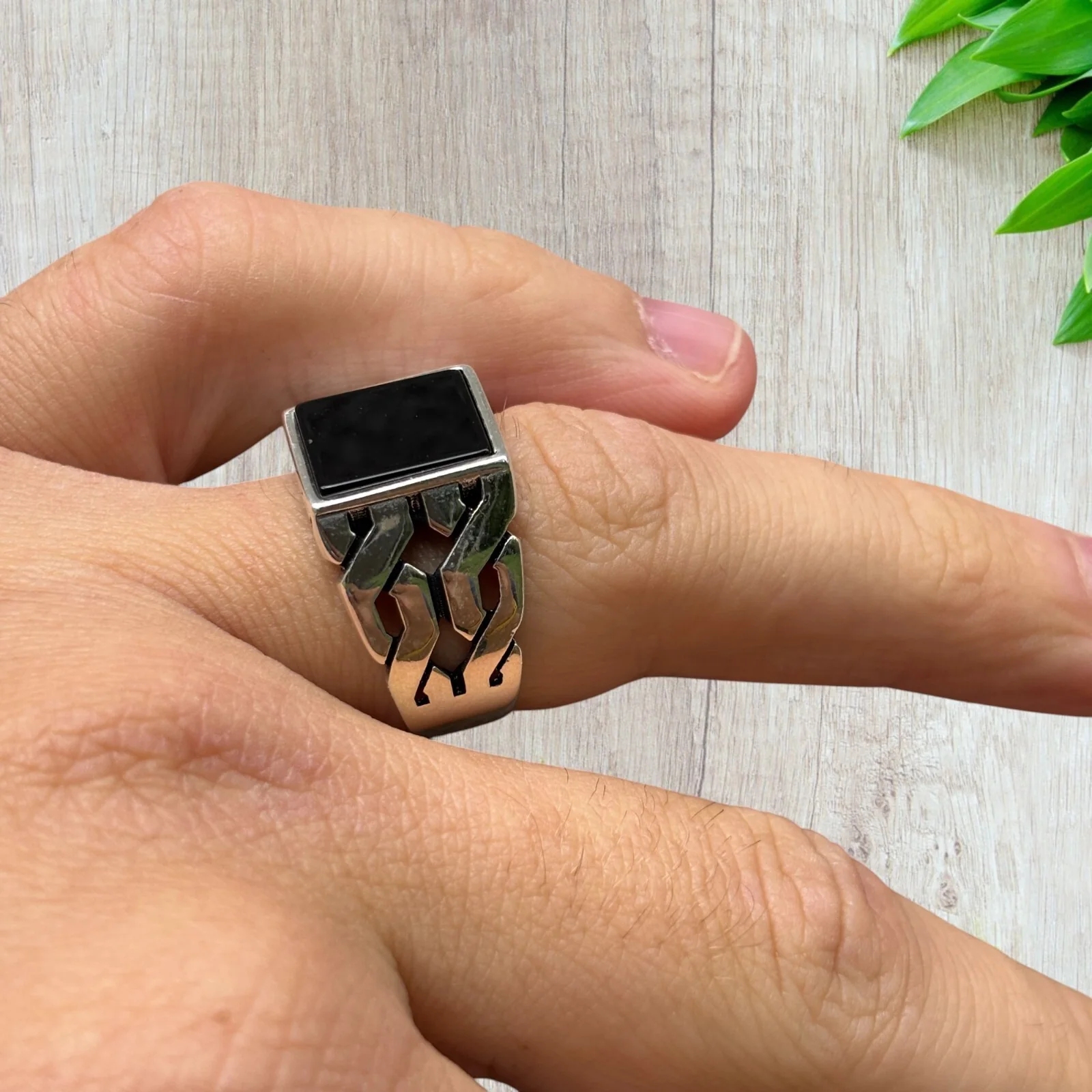 925 Sterling Silver Rectangular Black Onyx Stone Ring - Image 10