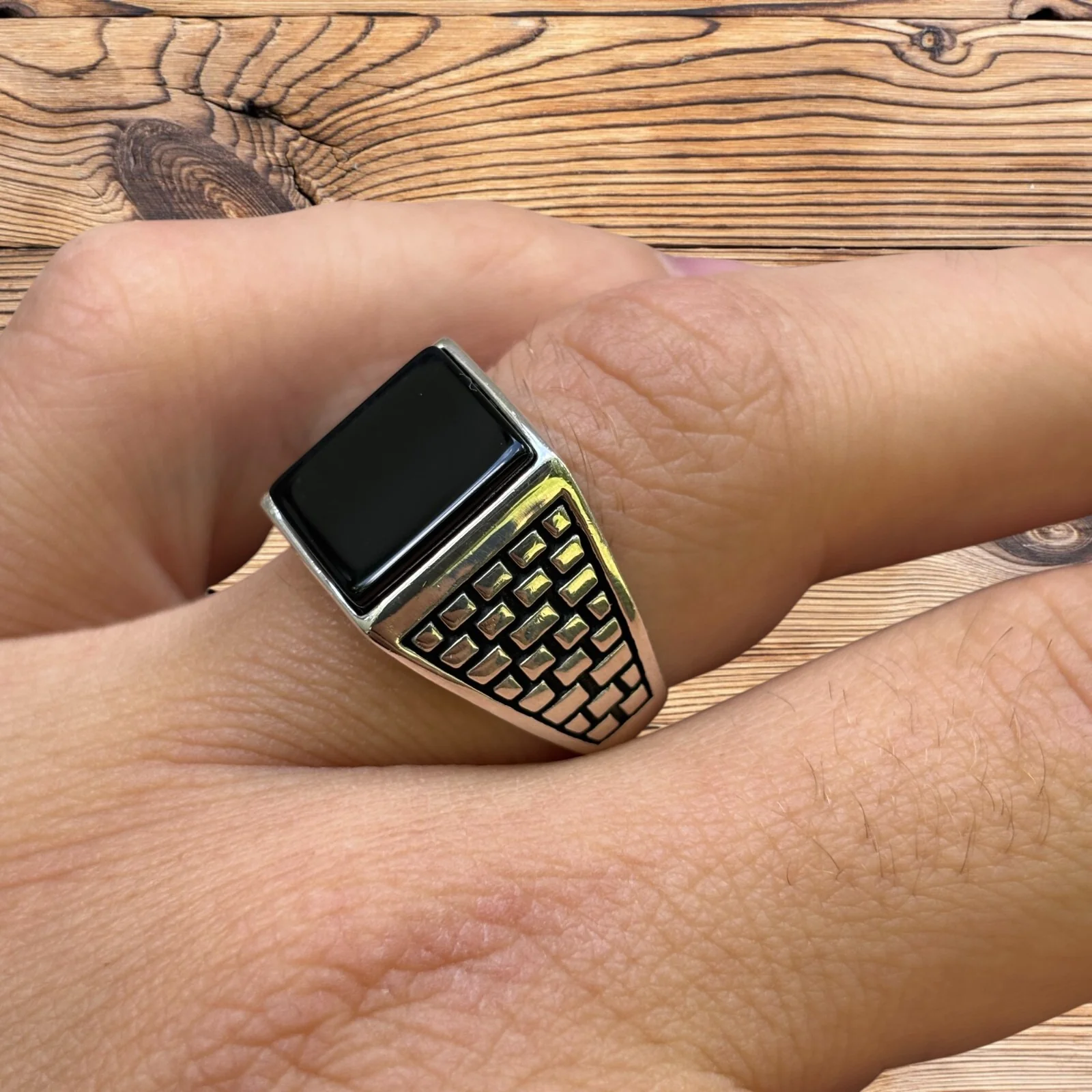 925 Sterling Silver Rectangular Black Onyx Ring - Image 9
