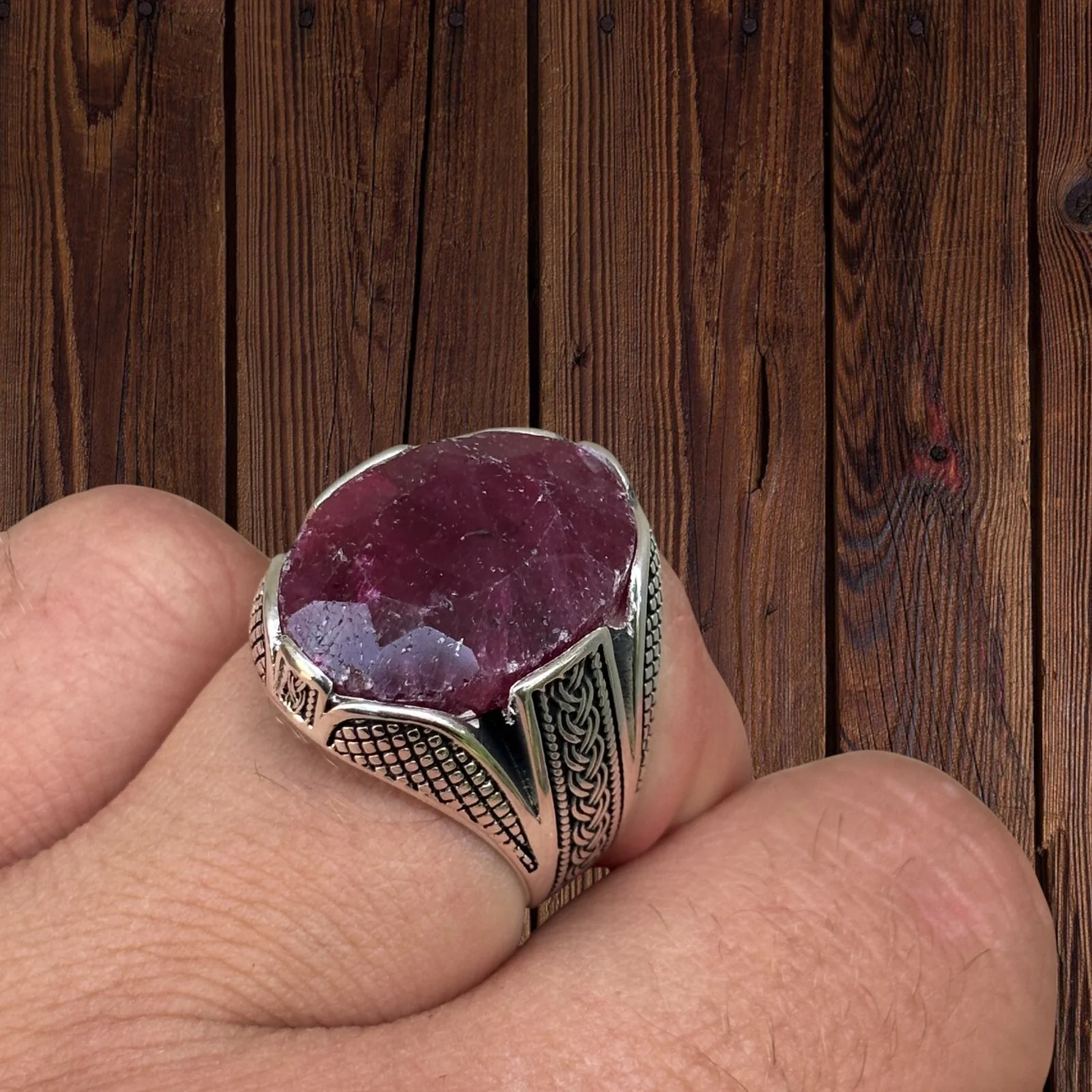 925 Sterling Silver Red Ruby Oval Stone Ring - Image 5