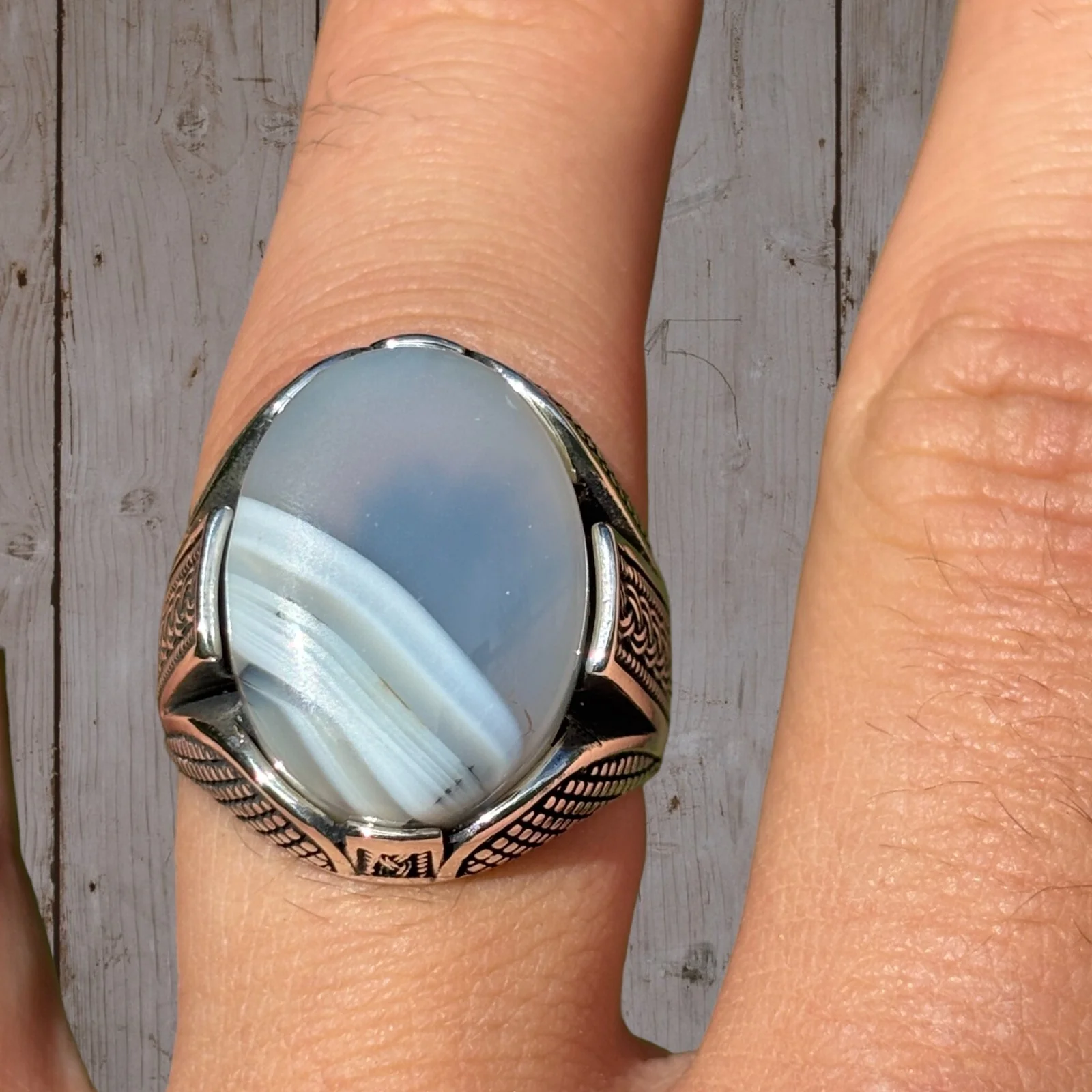 Real 925 Sterling Silver Oval Agate Gemstone Ring - Image 2