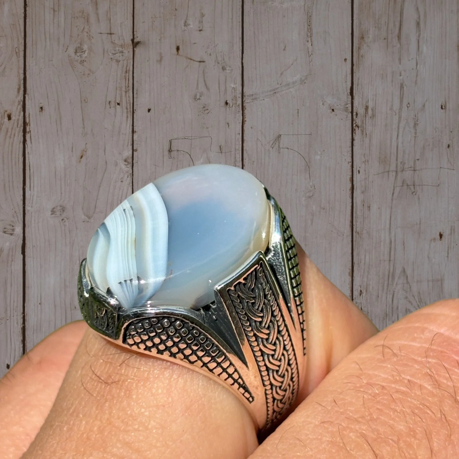 Real 925 Sterling Silver Oval Agate Gemstone Ring - Image 3