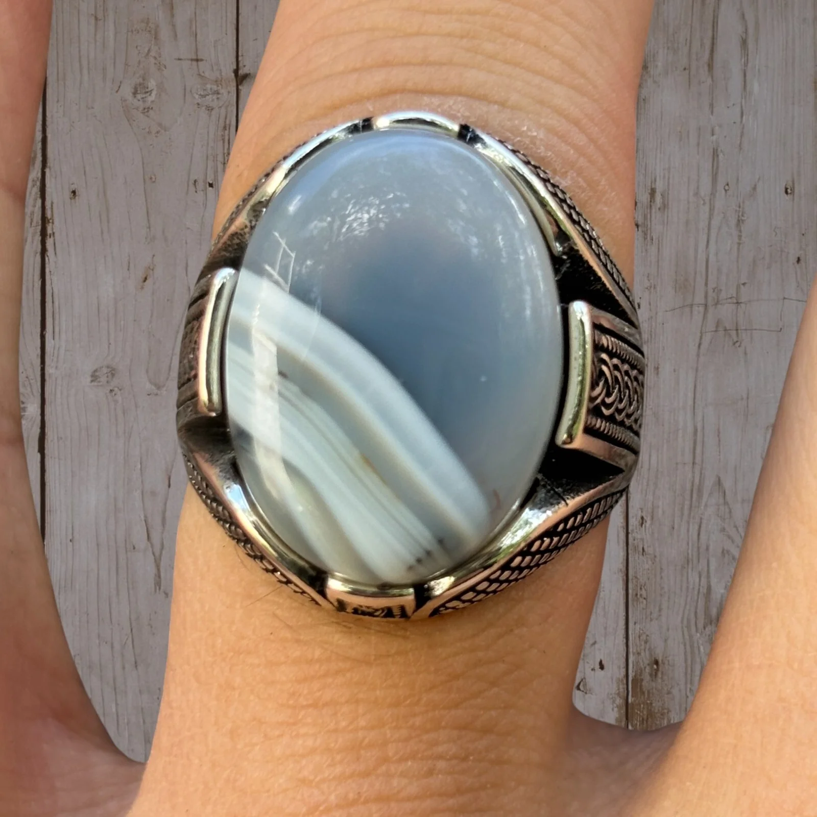 Real 925 Sterling Silver Oval Agate Gemstone Ring - Image 4