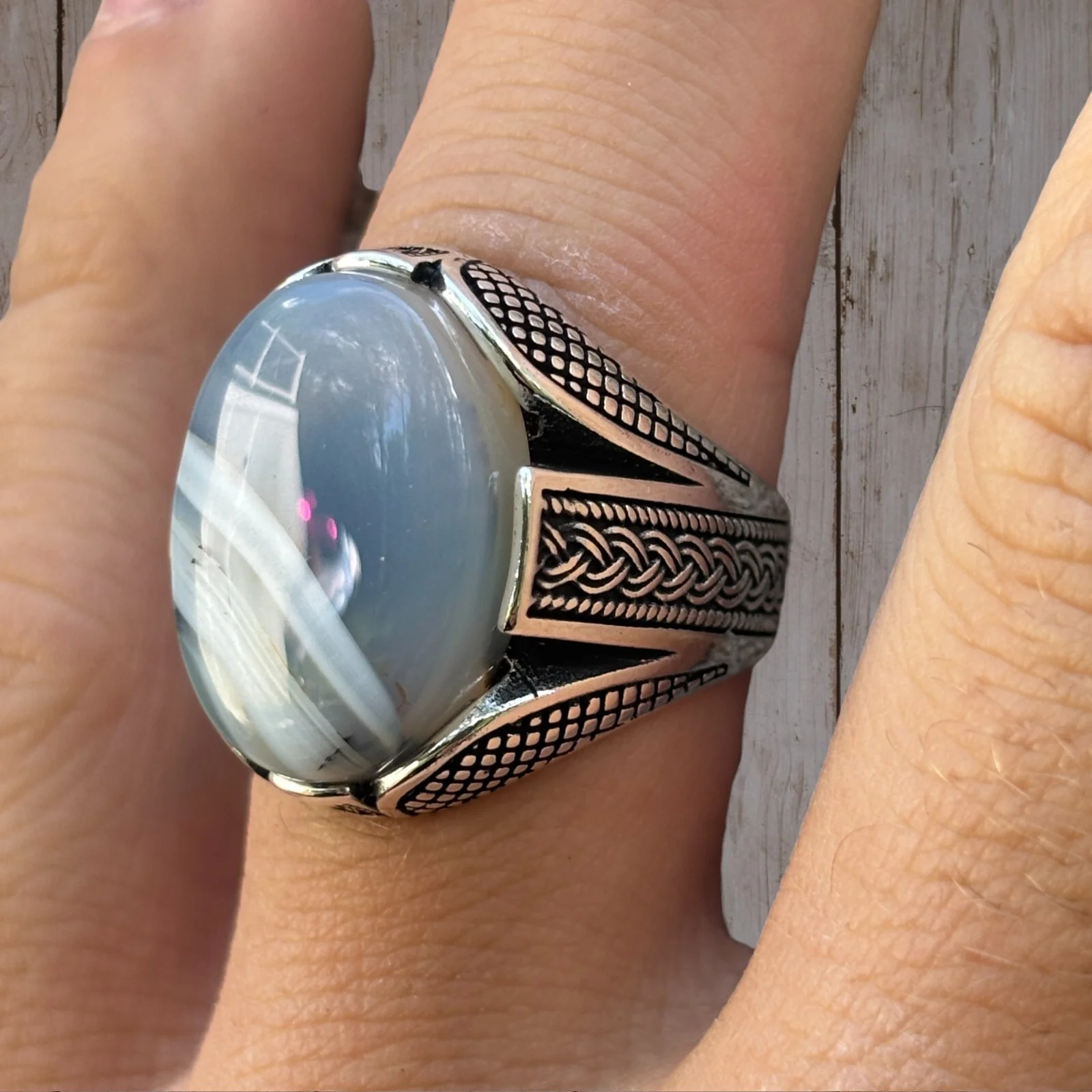 Real 925 Sterling Silver Oval Agate Gemstone Ring - Image 5