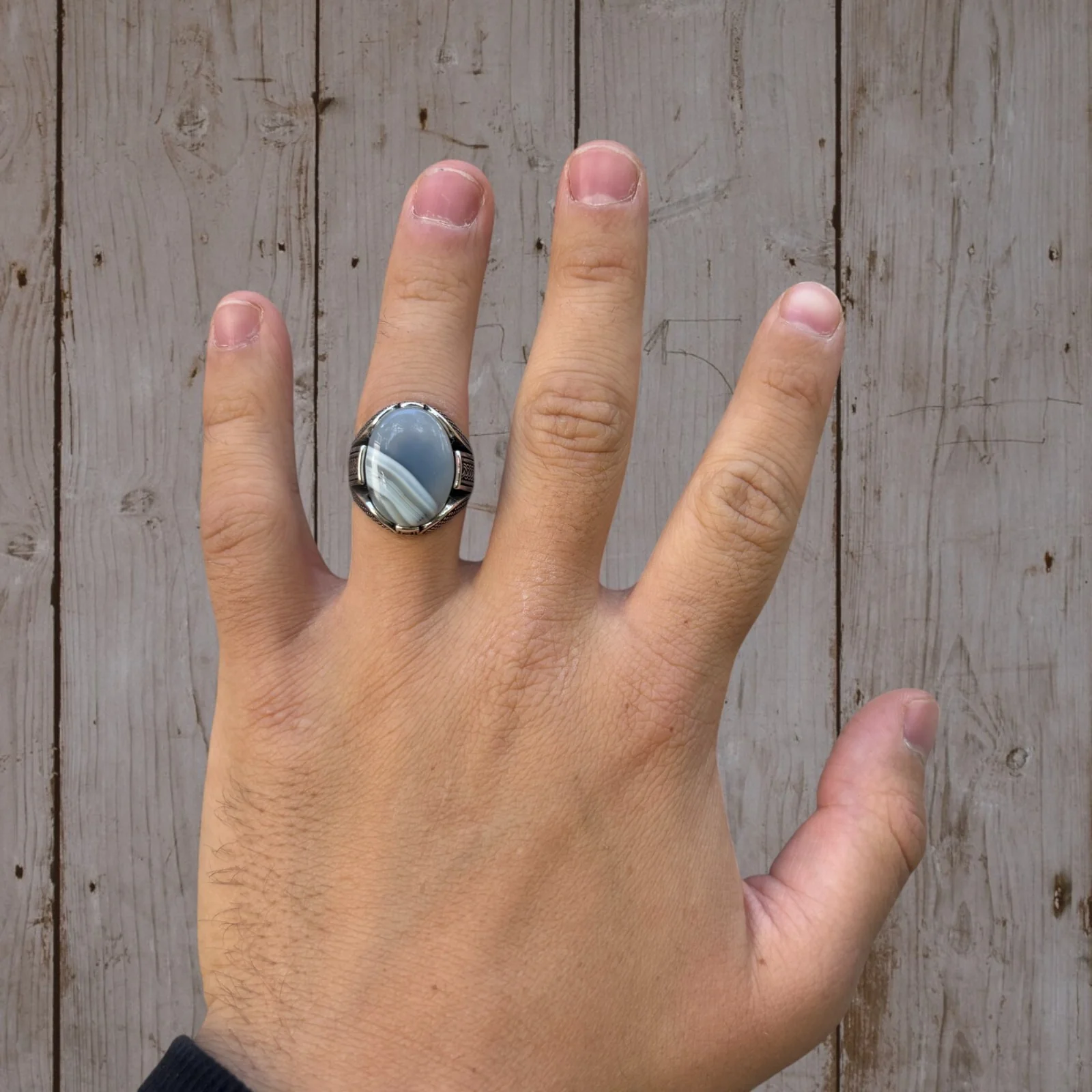 Real 925 Sterling Silver Oval Agate Gemstone Ring - Image 6