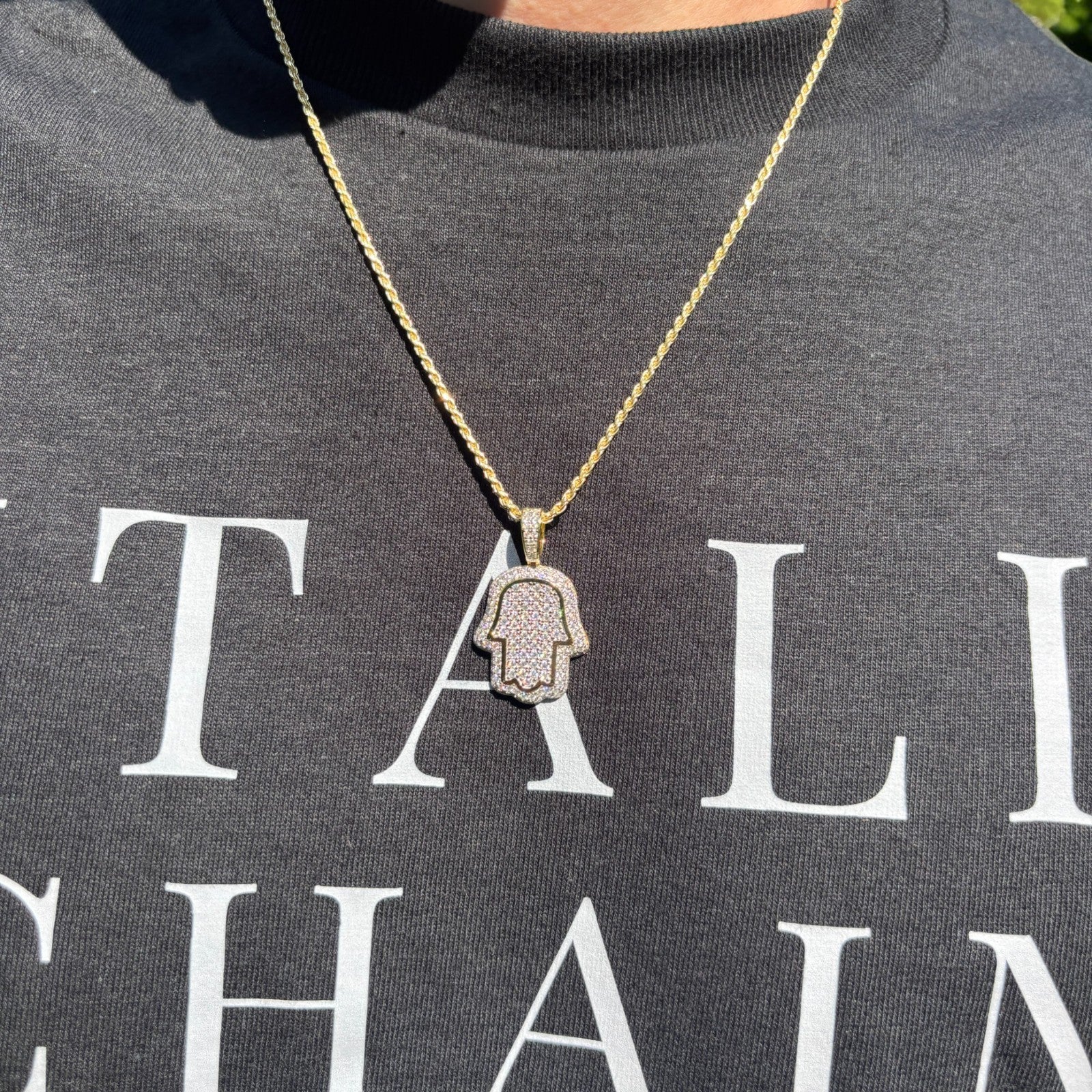 925 Sterling Silver Fully Iced Out Hamsa Pendant With Moissanite - Small - Image 13