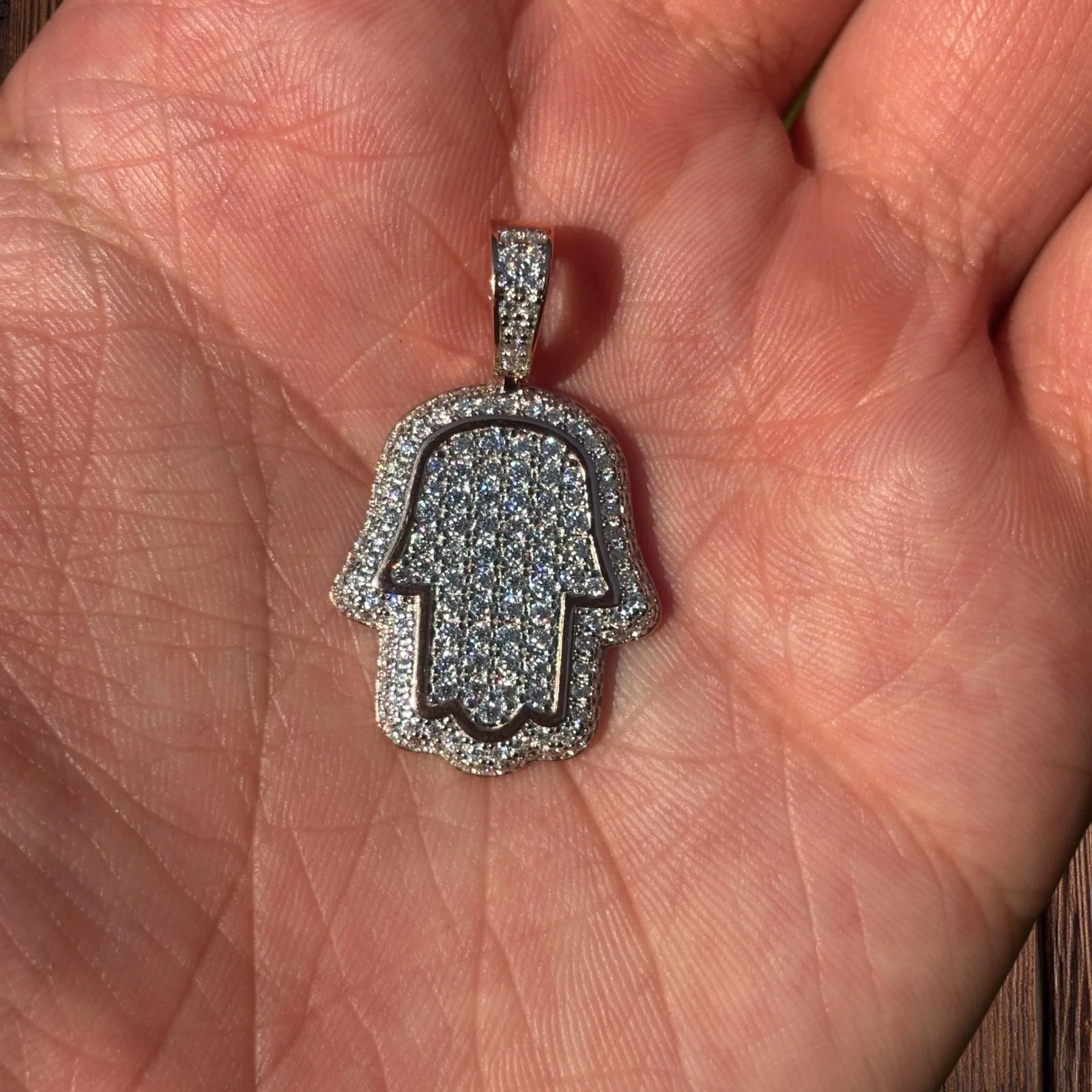 925 Sterling Silver Fully Iced Out Hamsa Pendant With Moissanite - Small - Image 6