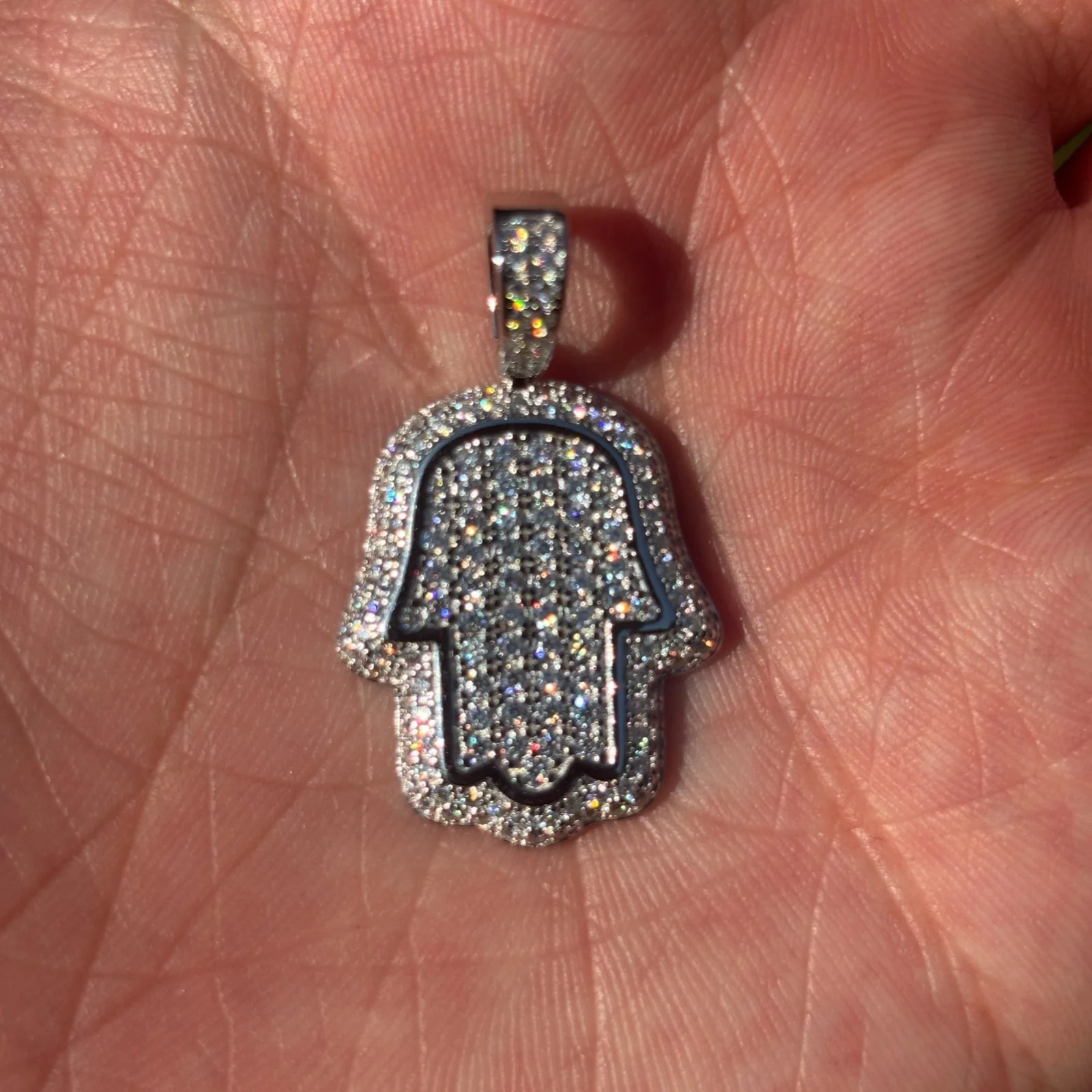 925 Sterling Silver Fully Iced Out Hamsa Pendant With Moissanite - Small - Image 8