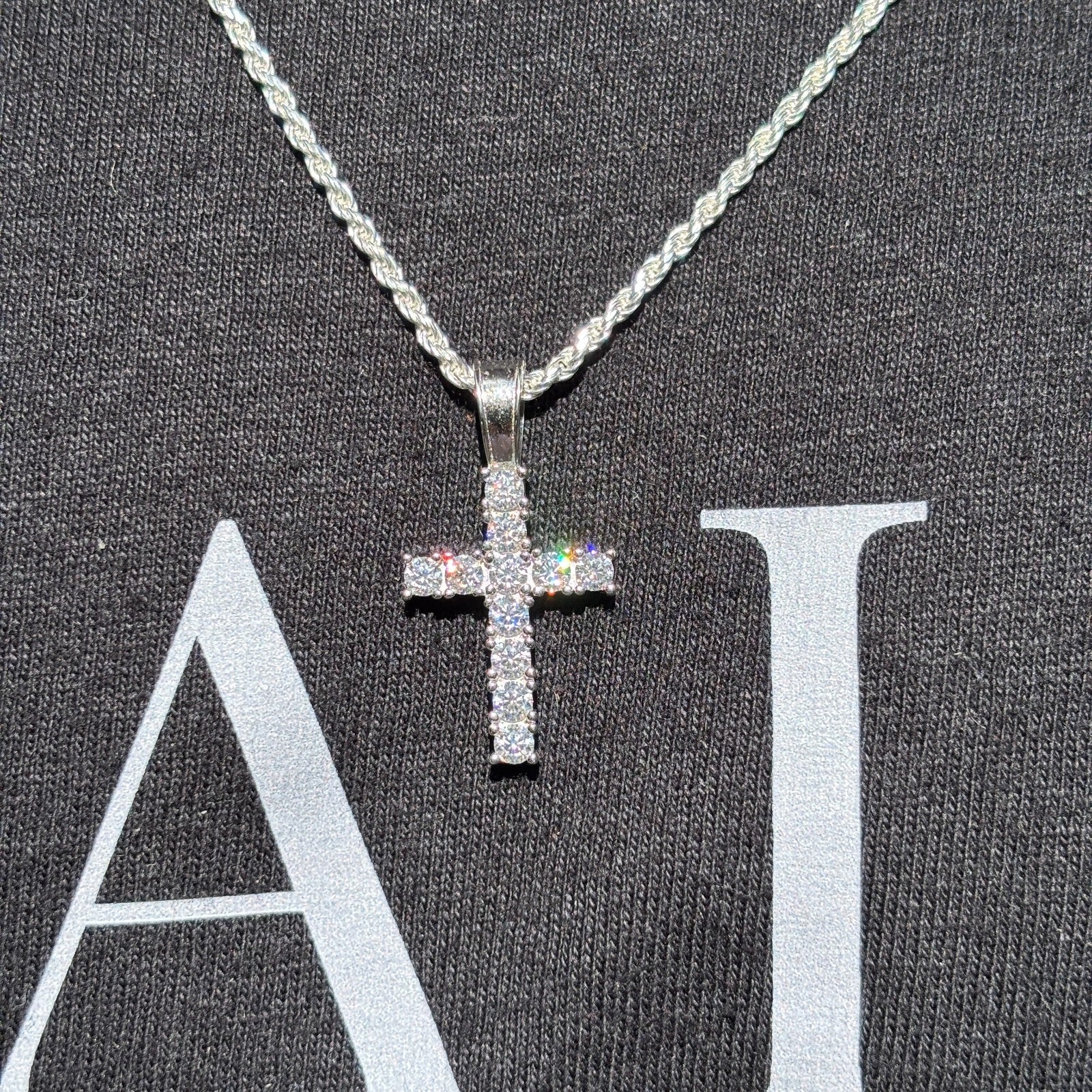 925 Sterling Silver Small Tennis Cross Pendant With Moissanite - Small - Image 12