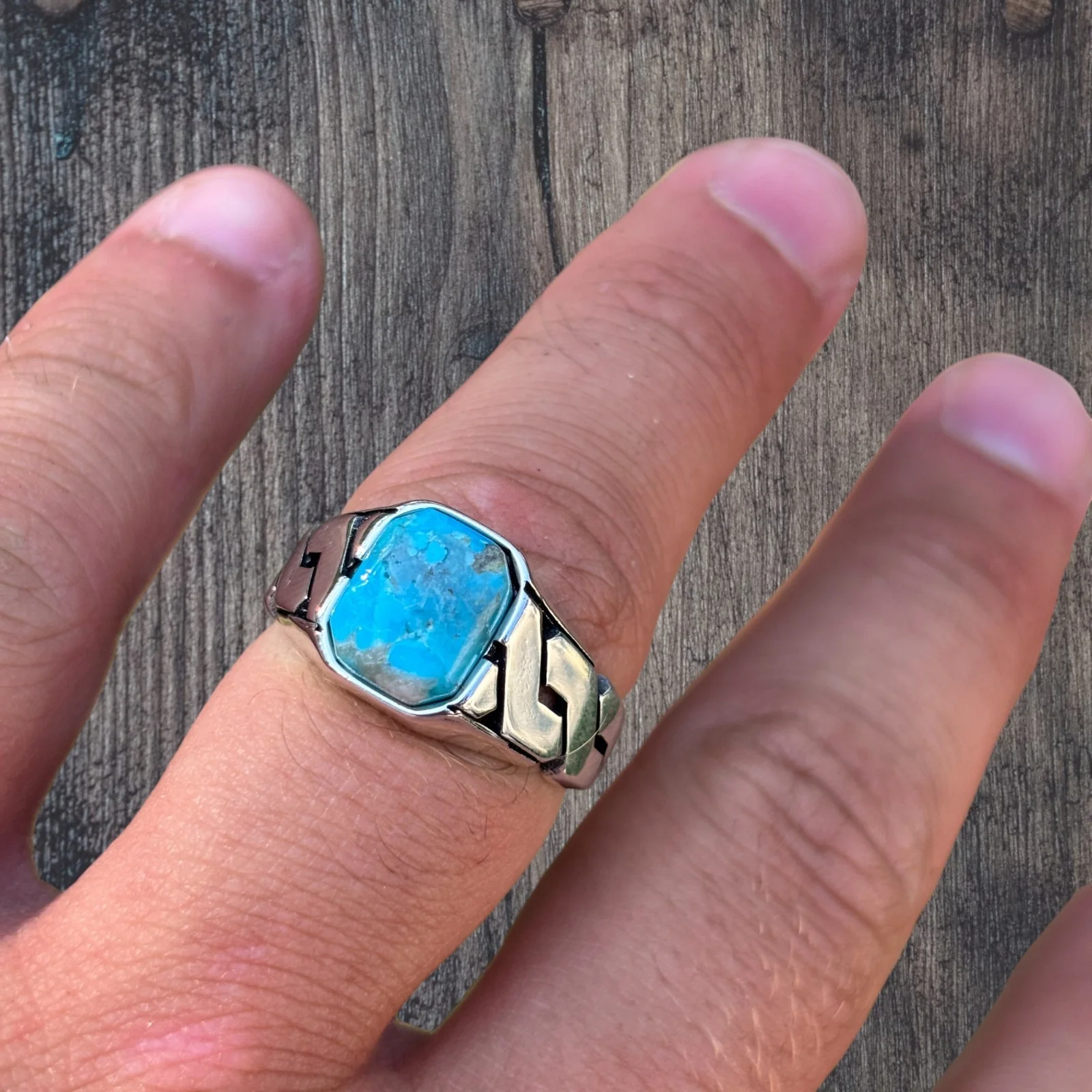925 Sterling Silver Blue Turquoise Onyx Stone Cuban Ring - Image 2