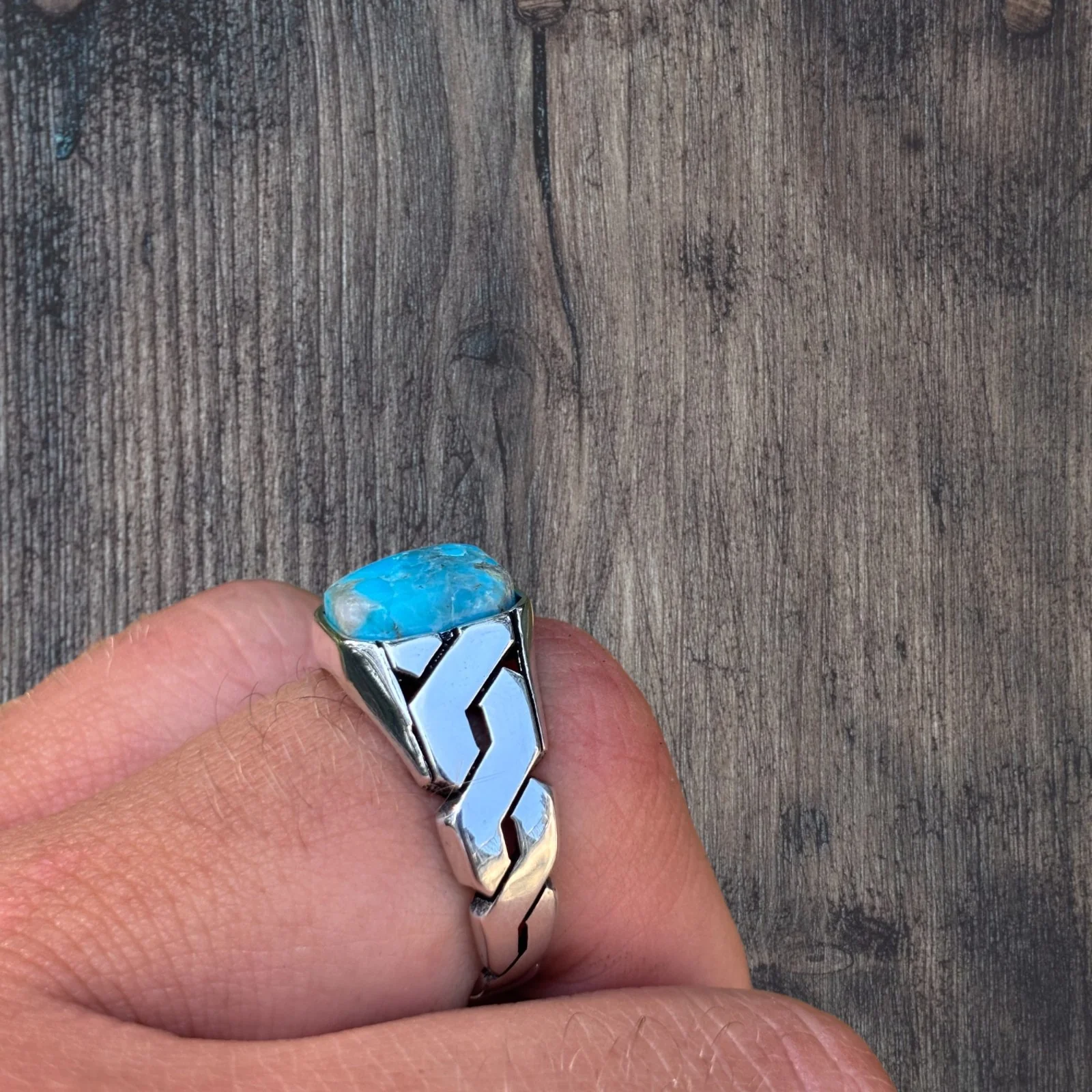 925 Sterling Silver Blue Turquoise Onyx Stone Cuban Ring - Image 3