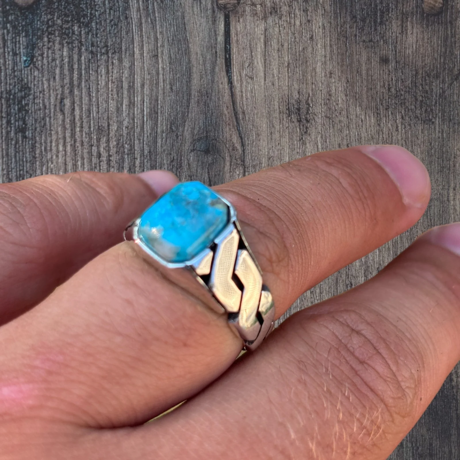925 Sterling Silver Blue Turquoise Onyx Stone Cuban Ring - Image 4