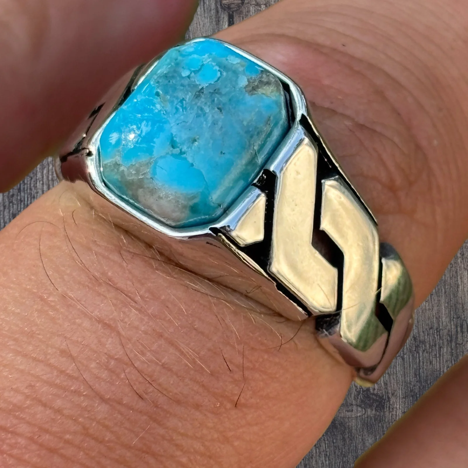 925 Sterling Silver Blue Turquoise Onyx Stone Cuban Ring - Image 5