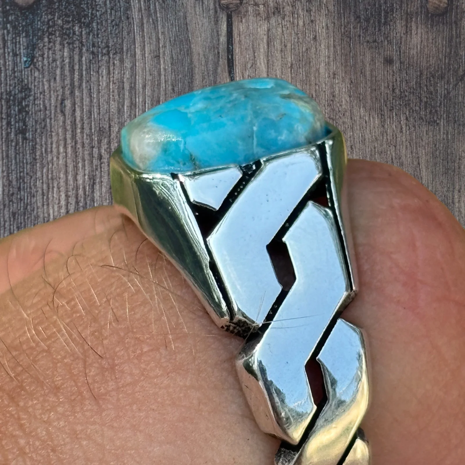 925 Sterling Silver Blue Turquoise Onyx Stone Cuban Ring - Image 6