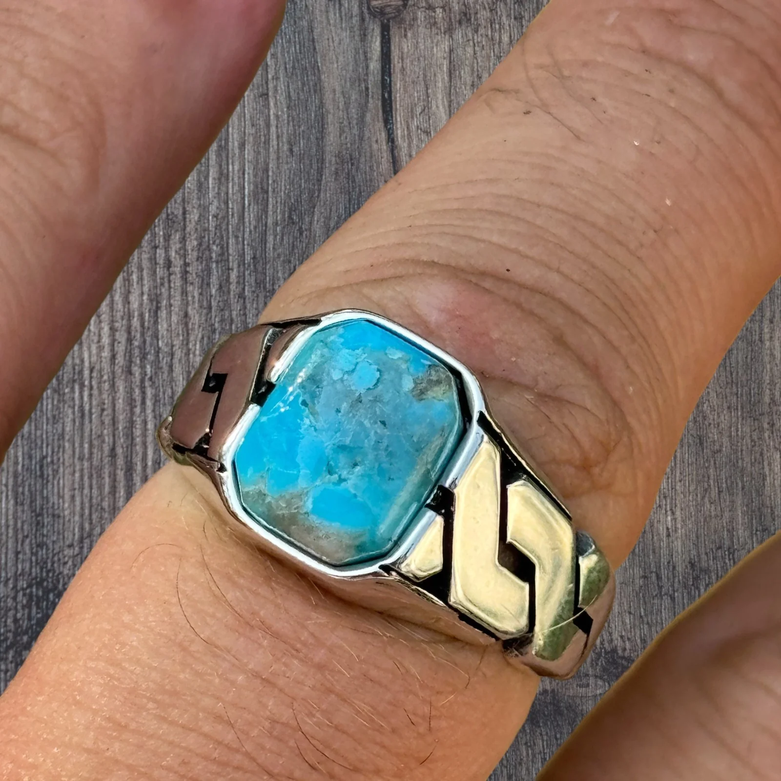 925 Sterling Silver Blue Turquoise Onyx Stone Cuban Ring - Image 7
