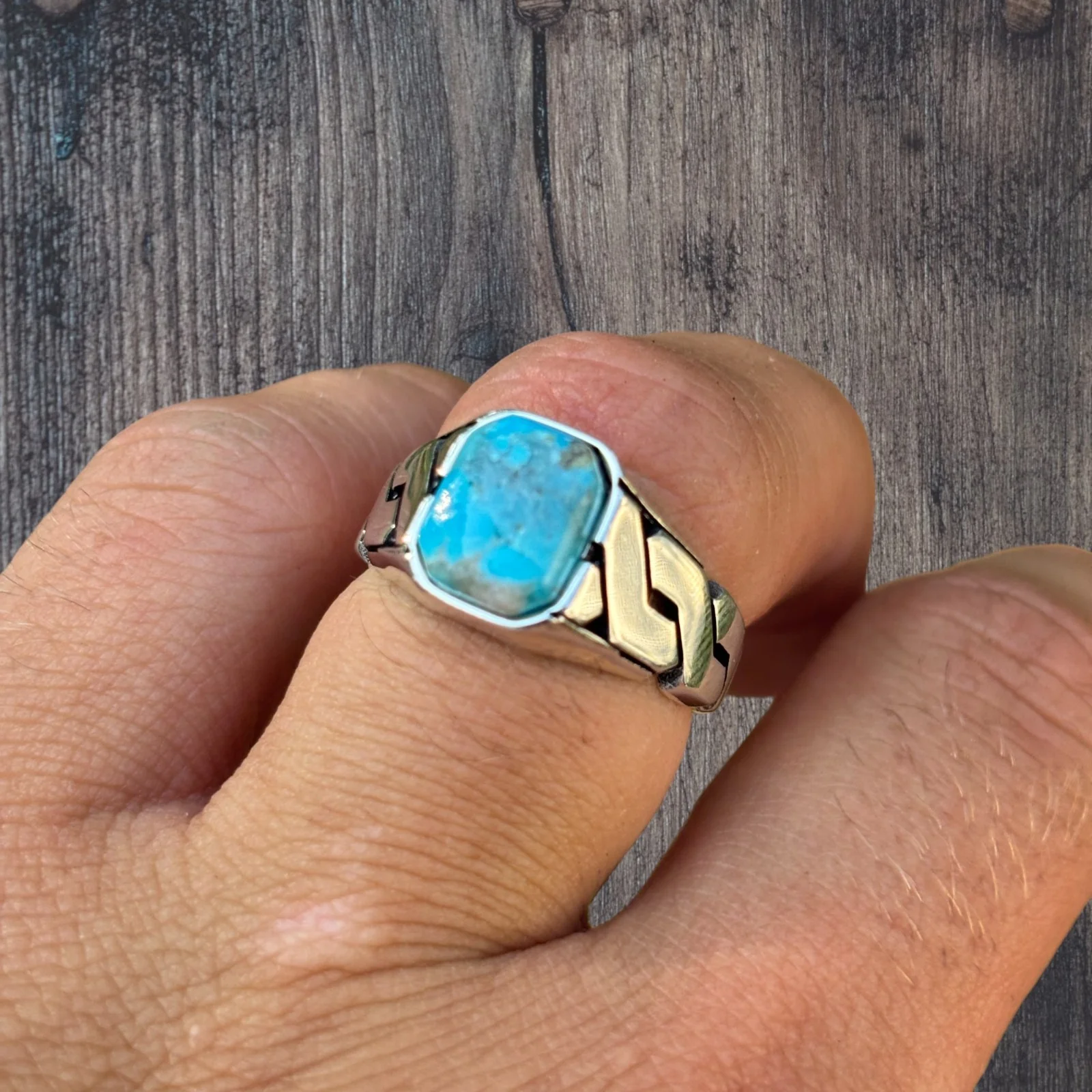 925 Sterling Silver Blue Turquoise Onyx Stone Cuban Ring - Image 9